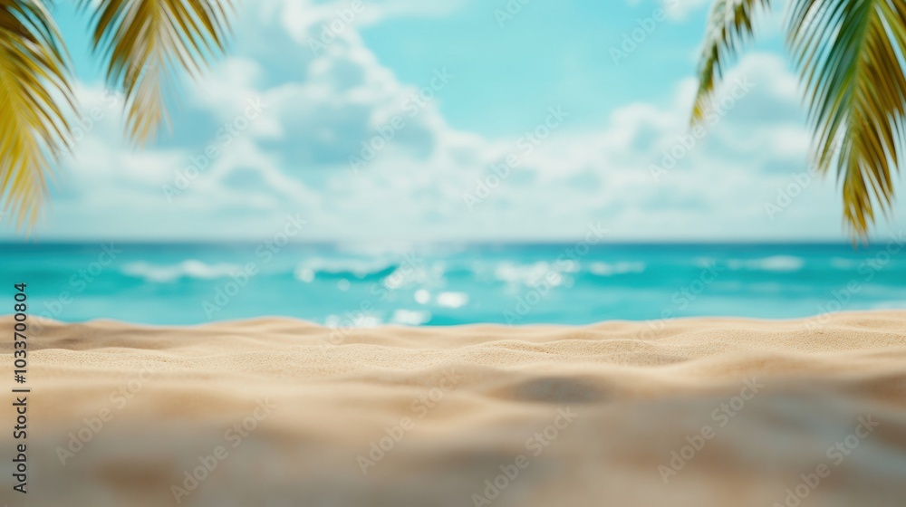 Obraz premium Golden sand beach with palm leaves framing a tranquil turquoise ocean view, AI