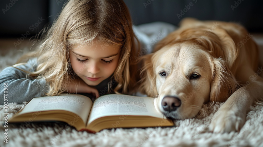 Reading with an Emotional Support Animal - A child reading a book with a gentle support dog lying nearby, showcasing the calming effect of animals on children Reading with an Emotional Support Animal - A child reading a book with a gentle support dog lying nearby, showcasing the calming effect of animals on children