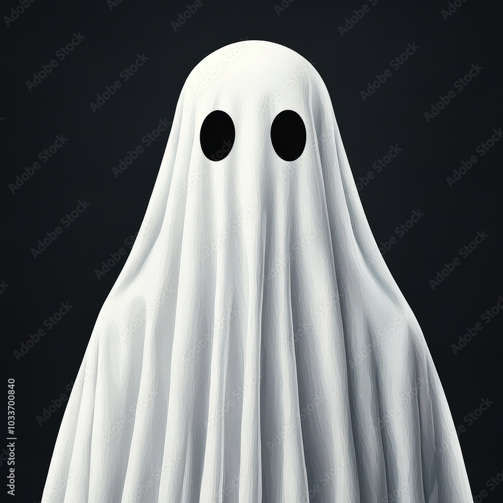 A ghost figure covered in a white sheet with black eyes, against a dark background. A ghost figure covered in a white sheet with black eyes, against a dark background.