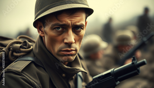 Poignant wartime portrait, sacrifice and bravery in a soldier's emotional photograph from the second great war, a powerful depiction of human toll and resilience amidst fight for liberty photo