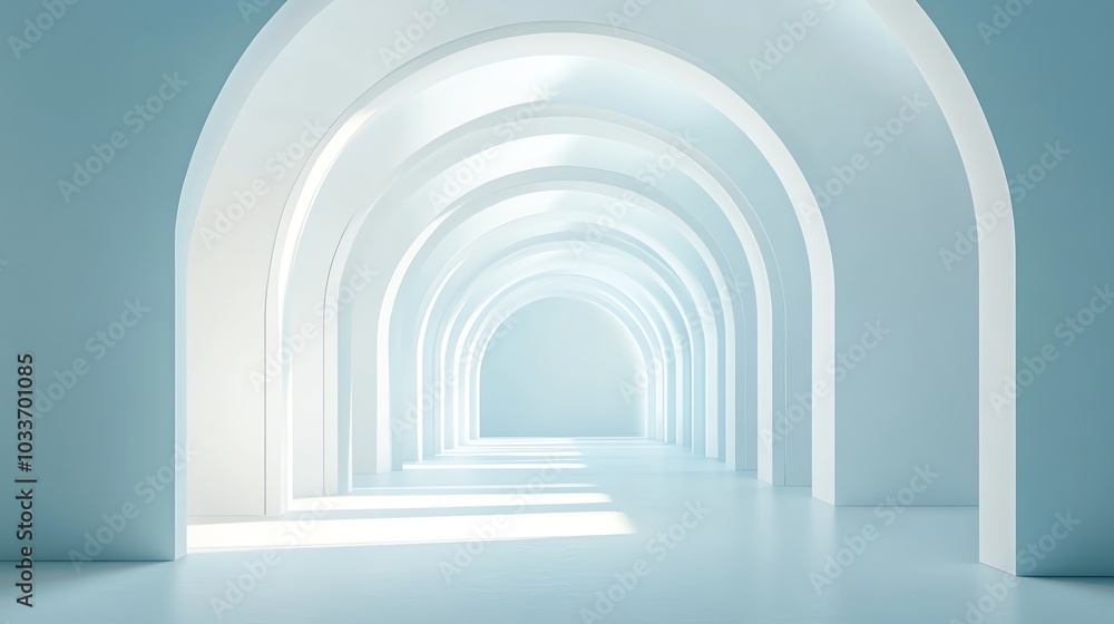 A long white hallway with many arches leading to a bright light at the end. A long white hallway with many arches leading to a bright light at the end.