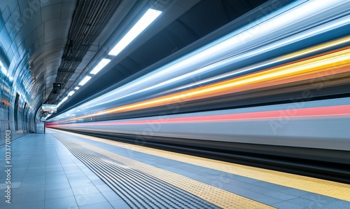 Fast train speeding through a subway station.