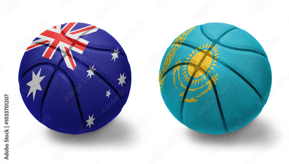 basketball balls with the national flags of kazakhstan and australia on the white background. basketball balls with the national flags of kazakhstan and australia on the white background.