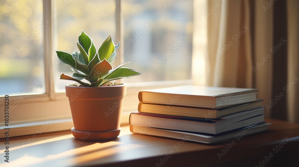 Potted Plant and Books on Windowsill with Sunlight Potted Plant and Books on Windowsill with Sunlight