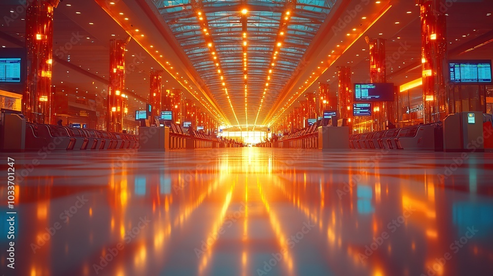 Fototapeta premium Modern airport interior with vibrant lighting.