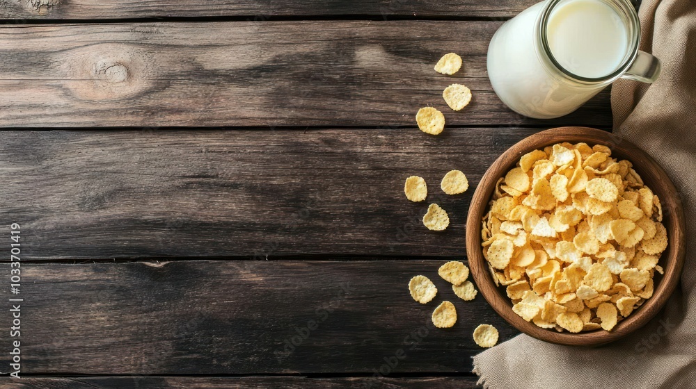Cornflakes and Milk on Wooden Table Cornflakes and Milk on Wooden Table