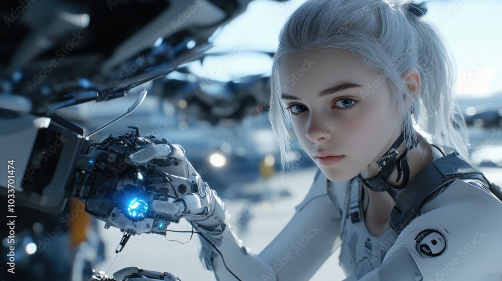 Cyborg woman repairing large drone outdoors with mechanical body and white hair Cyborg woman repairing large drone outdoors with mechanical body and white hair