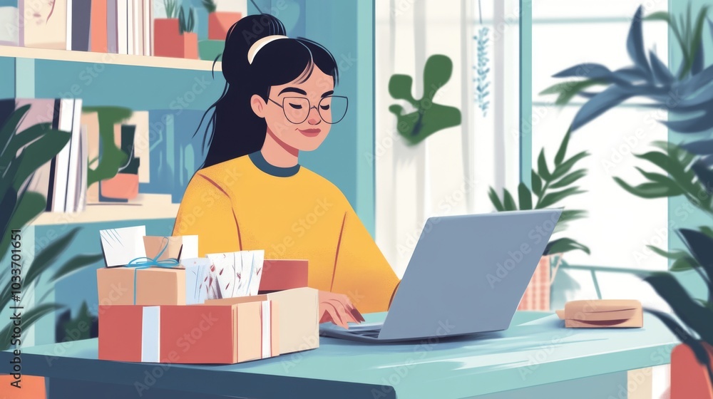 Woman Working on Laptop in Home Office with Packages Woman Working on Laptop in Home Office with Packages