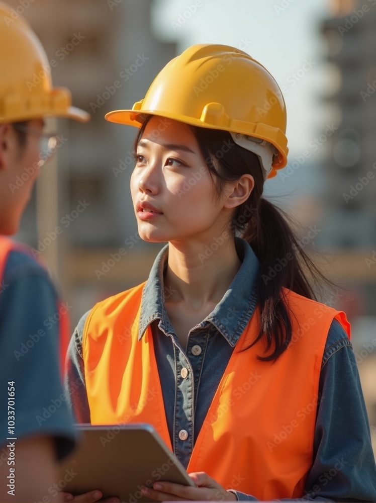 Korean construction workers share insights and strengthen their friendship on site in evening light Korean construction workers share insights and strengthen their friendship on site in evening light