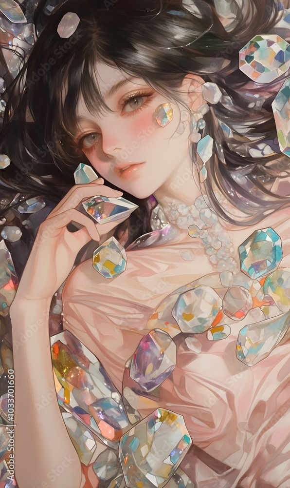 Fototapeta premium A_girl_covered_in_colorful_gems_and_jewels_is_lying_on,generation AI