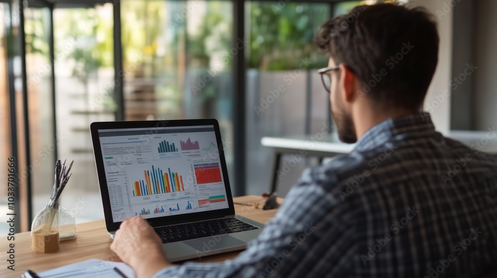 Businessman Analyzing Financial Data on Laptop Businessman Analyzing Financial Data on Laptop