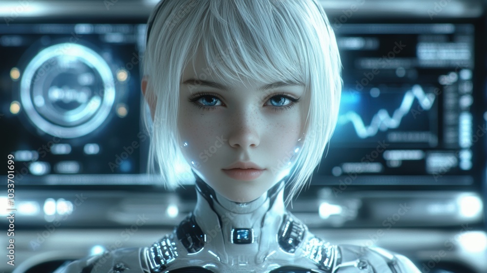 Android girl as futuristic news anchor standing at holographic news desk Android girl as futuristic news anchor standing at holographic news desk