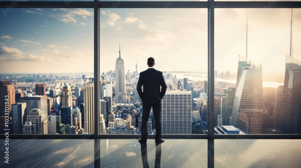 A business professional gazes out a skyscraper window, contemplating the sprawling cityscape, capturing ambition and vision. A business professional gazes out a skyscraper window, contemplating the sprawling cityscape, capturing ambition and vision.