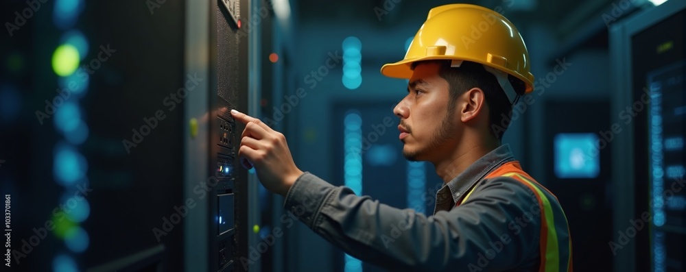 Latin man technician inspecting renewable energy systems in modern facility Latin man technician inspecting renewable energy systems in modern facility