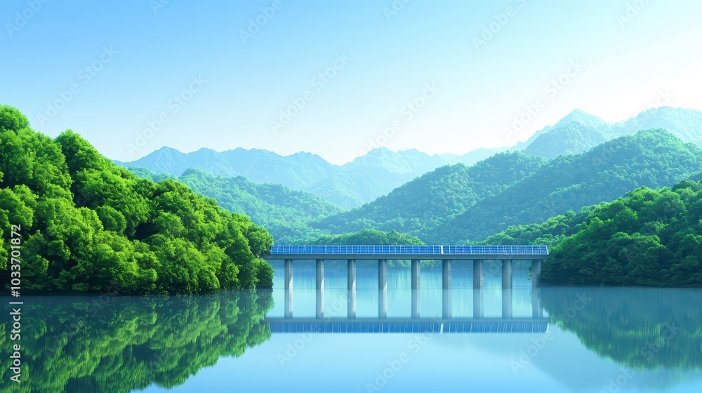 A serene landscape featuring lush green mountains and a calm river reflecting the clear blue sky. A serene landscape featuring lush green mountains and a calm river reflecting the clear blue sky.