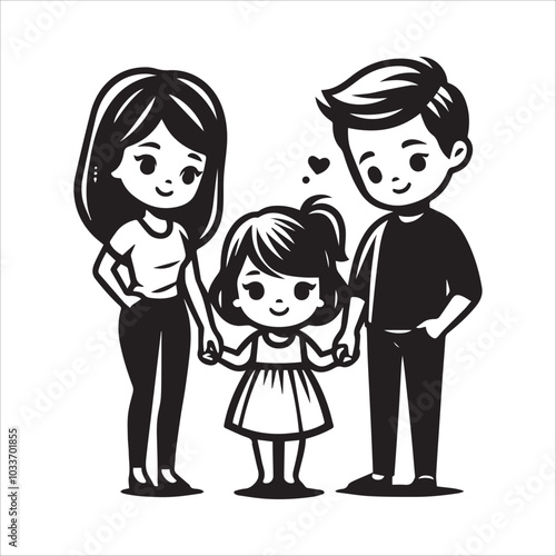 Girl with mother and father holding hands vector illustration silhouette