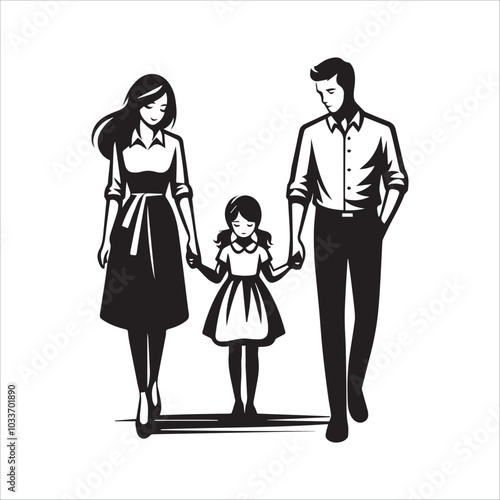 Girl with mother and father holding hands vector illustration silhouette