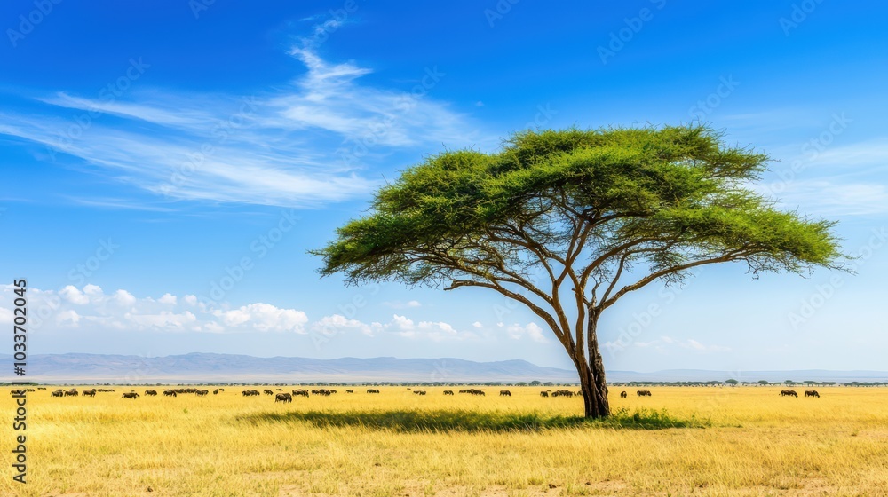Obraz premium A solitary tree stands against a vibrant blue sky, surrounded by golden grasslands, showcasing serene beauty and nature's splendor.