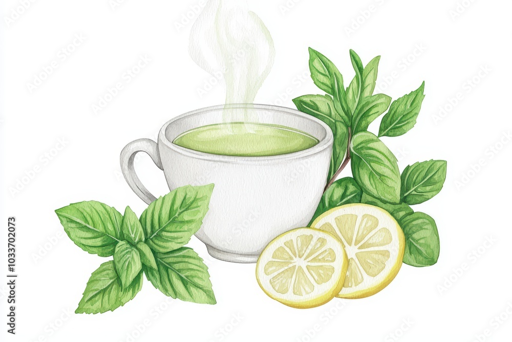A steaming cup of green tea with fresh lemon slices and mint leaves on a white background. A steaming cup of green tea with fresh lemon slices and mint leaves on a white background.