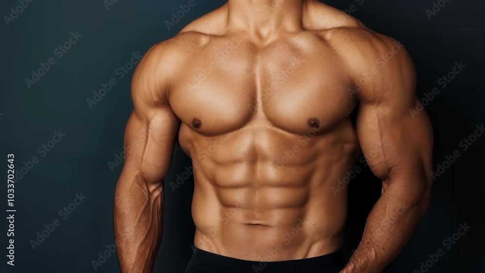 Muscular man with well defined physique, showcasing prominent abs and toned arms against dark background, reflects strength and dedication to fitness. Muscular man with well defined physique, showcasing prominent abs and toned arms against dark background, reflects strength and dedication to fitness.