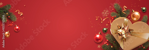 Horizontal banner with gold and green Christmas symbols and text. Christmas tree, gift, balls, golden tinsel confetti and snowflakes on a red background.
