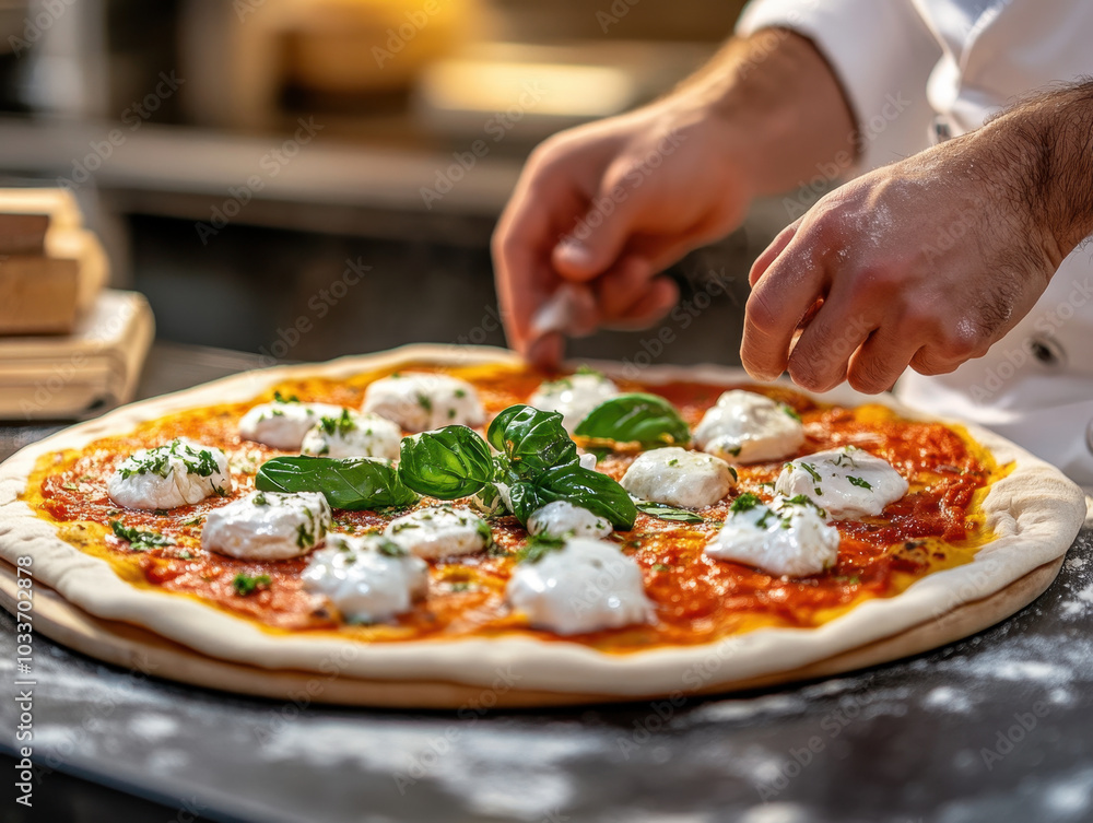 Artisan pizza preparation in a rustic kitchen with fresh ingredients and hands at work Artisan pizza preparation in a rustic kitchen with fresh ingredients and hands at work
