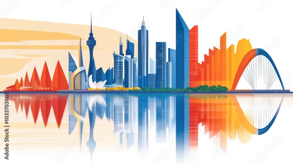 Obraz premium Urban skyline illustration with colorful reflections
