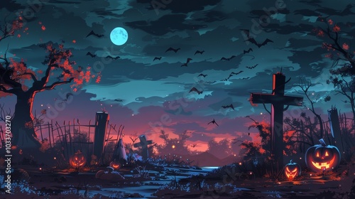 A Halloween background at sunset. Halloween eerie pumpkins on the ground, flying black bats . Cemetry in a full moon. Halloween's celebration concept. Generative AI.