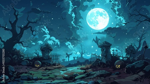 A Halloween background with halloween pumpkins on the ground. Cemetry in full moon. Halloween's celebration concept. Generative AI.