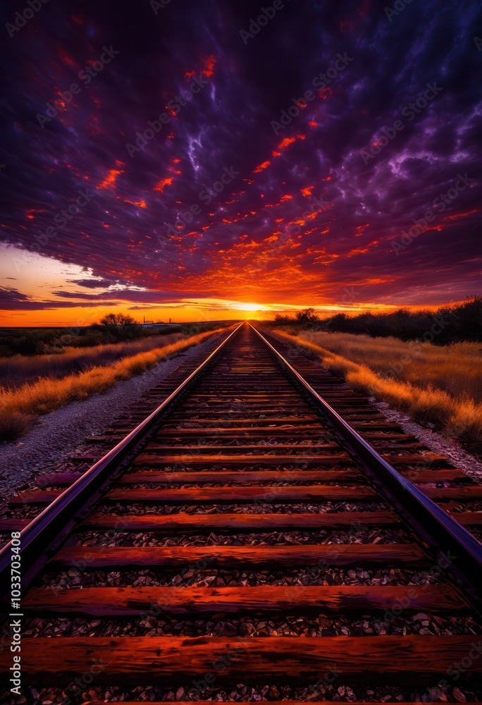 dramatic sunset over abandoned train tracks illuminating sky orange purple hues creating striking visual contrast, atmospheric, beams, burnt, color, cool dramatic sunset over abandoned train tracks illuminating sky orange purple hues creating striking visual contrast, atmospheric, beams, burnt, color, cool