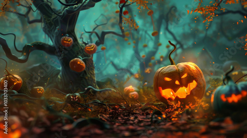 Autumn hallowen background with sparkling pumpkins, autumn falling leaves and trees. Halloween, Harvest season and Thankgiving day's celebrating concept. Generative AI.