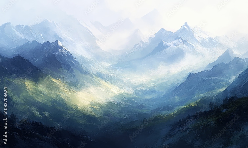 Misty mountain range with green valleys. Misty mountain range with green valleys.