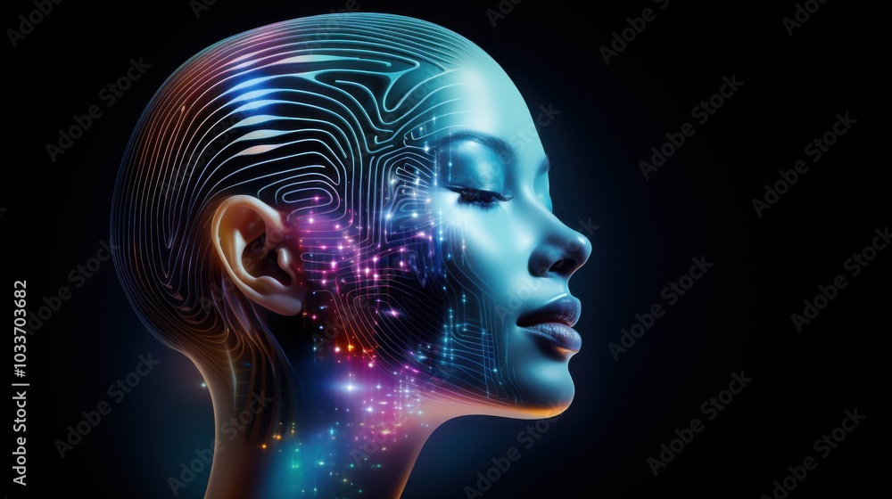 A futuristic female face with intricate holographic designs symbolizes the fusion of technology and human identity, glowing with digital patterns and innovation. A futuristic female face with intricate holographic designs symbolizes the fusion of technology and human identity, glowing with digital patterns and innovation.