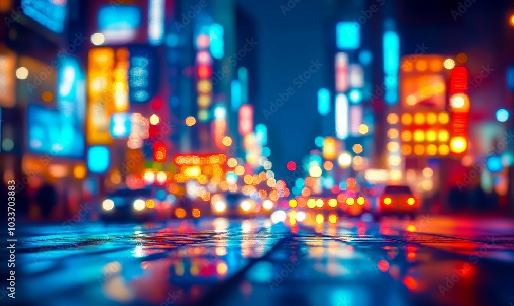 City lights reflecting on wet pavement. City lights reflecting on wet pavement.