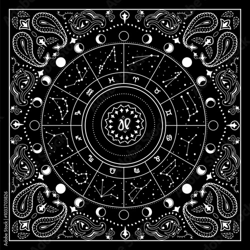 Astrology with paisley bandana graphic design for textile, card, banner, social media, astrologer or any design