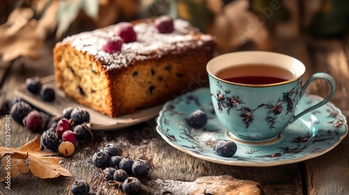 A cup of tea and a slice of cake on a wooden table.