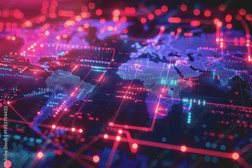 Digital world map, global communication theme, tech background, holographic light. Digital world map, global communication theme, tech background, holographic light.