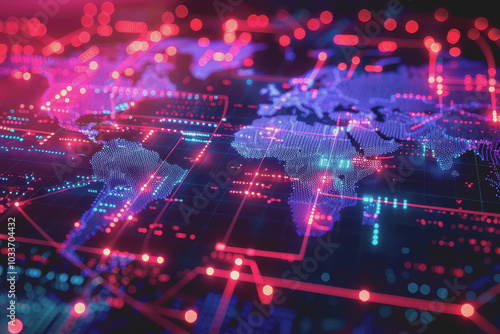 Wallpaper Mural Digital world map, global communication theme, tech background, holographic light. Torontodigital.ca