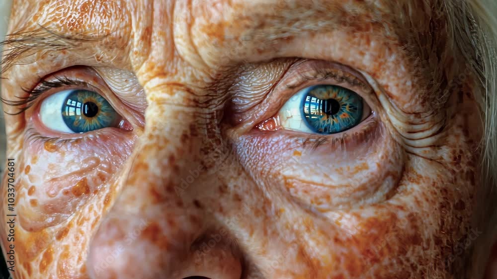 Extreme Close-Up of Elderly Face with Expressive Eyes. An extreme close-up shot of an elderly person’s face, highlighting detailed skin texture and intense, expressive eyes. Extreme Close-Up of Elderly Face with Expressive Eyes. An extreme close-up shot of an elderly person’s face, highlighting detailed skin texture and intense, expressive eyes.