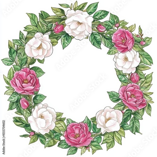 Floral wreath design featuring pink and white roses, framed by vibrant green leaves on a white background.