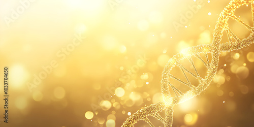 Golden light illuminates shimmering DNA strands, creating an abstract background that evokes themes of biology, science, and innovation