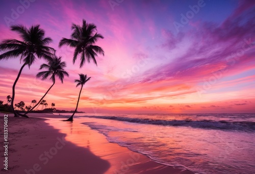 stunning dreamy beach sunset showcasing soothing colors blending softly silhouetted shapes under romantic sky, waves, clouds, horizon, reflection, water