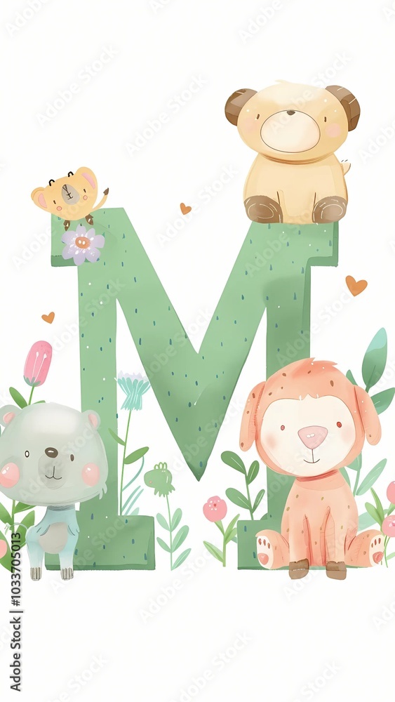 Obraz premium Cute Alphabet Letter M with Adorable Cartoon Animals and Flowers Illustration for Children’s Nursery Decor or Learning Material