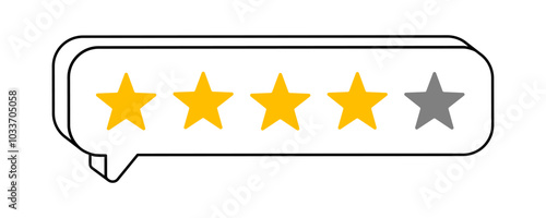 Hand drawn cute cartoon illustration of speech bubble with four rating stars. Flat vector customer positive feedback doodle. Online review sticker. Client satisfaction. Good quality. Isolated.