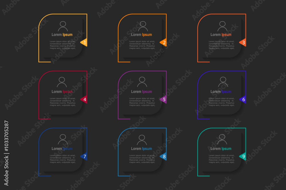 infographic elements template, business concept with 9 steps, color rectangle frame design for workflow layout, diagram, annual report, web design.Creative banner, label vector infographic elements template, business concept with 9 steps, color rectangle frame design for workflow layout, diagram, annual report, web design.Creative banner, label vector