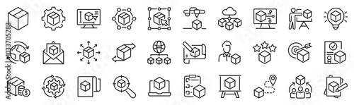 Set of 30 outline icons related to product. Linear icon collection. Editable stroke. Vector illustration
