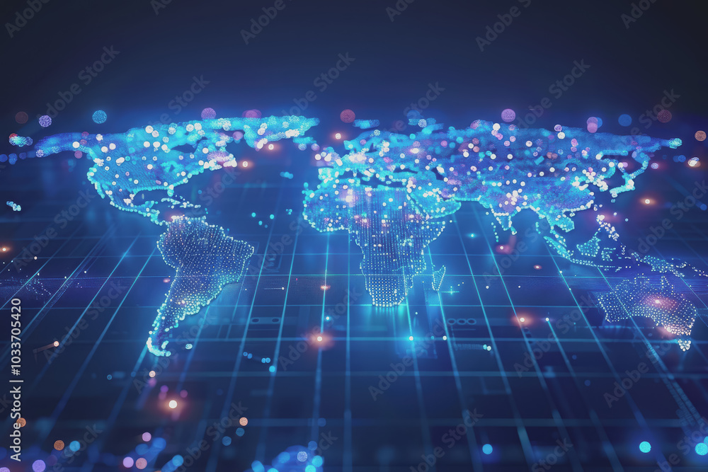 Obraz premium Digital world map, global communication theme, tech background, holographic light.