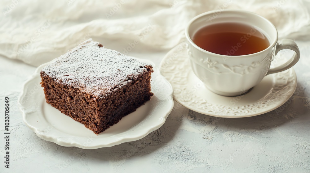 A piece of chocolate cake with powdered sugar and a cup of tea. A piece of chocolate cake with powdered sugar and a cup of tea.