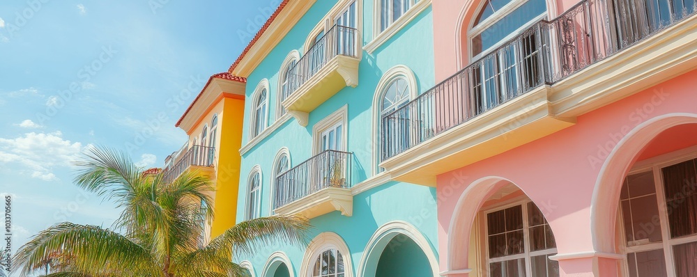 Naklejka premium Colorful houses with arched windows and balconies.