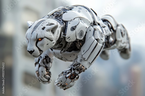 Futuristic robot panther in mid-air, showcasing advanced technology and design. photo